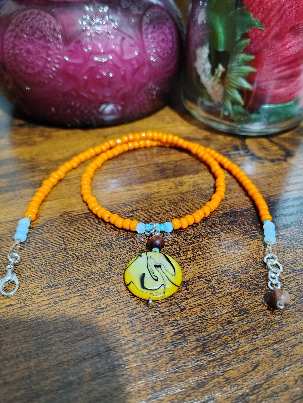 Orange Beaded Necklace with Yellow Pendant - Women's Handmade Necklace